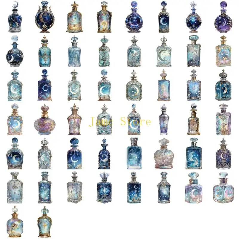 LX0B Pack of 50 Moon Phase Bottle Stickers مادة حيوان أليف مقاوم للماء لزخرفة حالة هاتف الجيتار