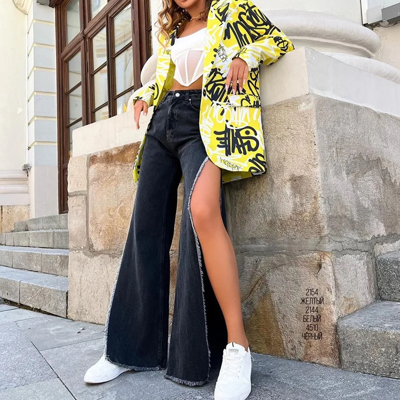 New High Waisted Side Split Out Jeans Women Casual Loose Cargo Black Pants Streetwear Summer Wide Leg Long Baggy Y2k Jeans