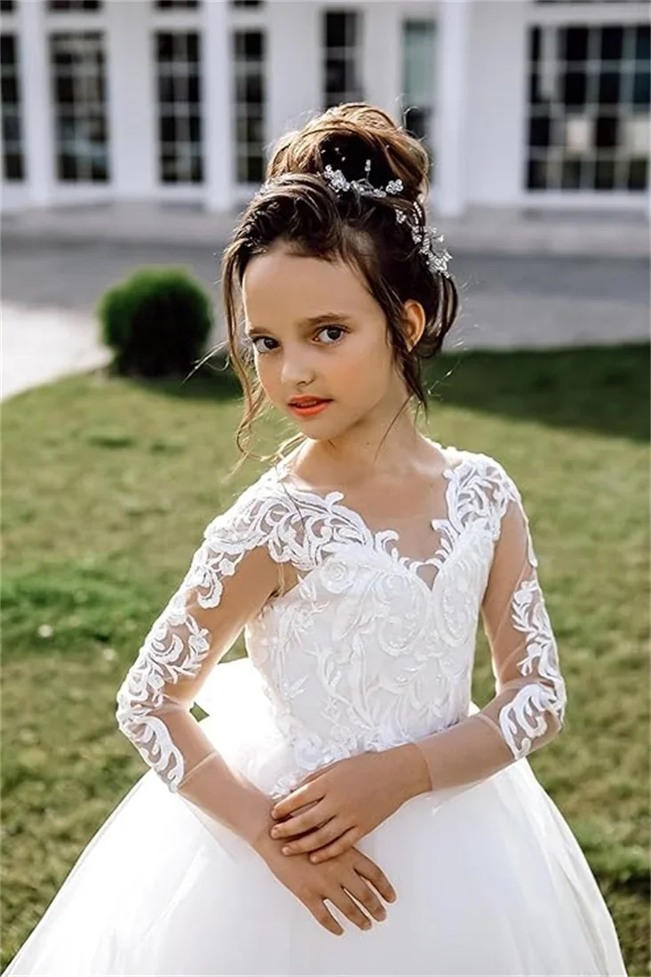 White Communion Dress for Girls 2-14 Long Sleeves Flower Girl Dress Lace Applique Country Wedding Party Dress for Juniors