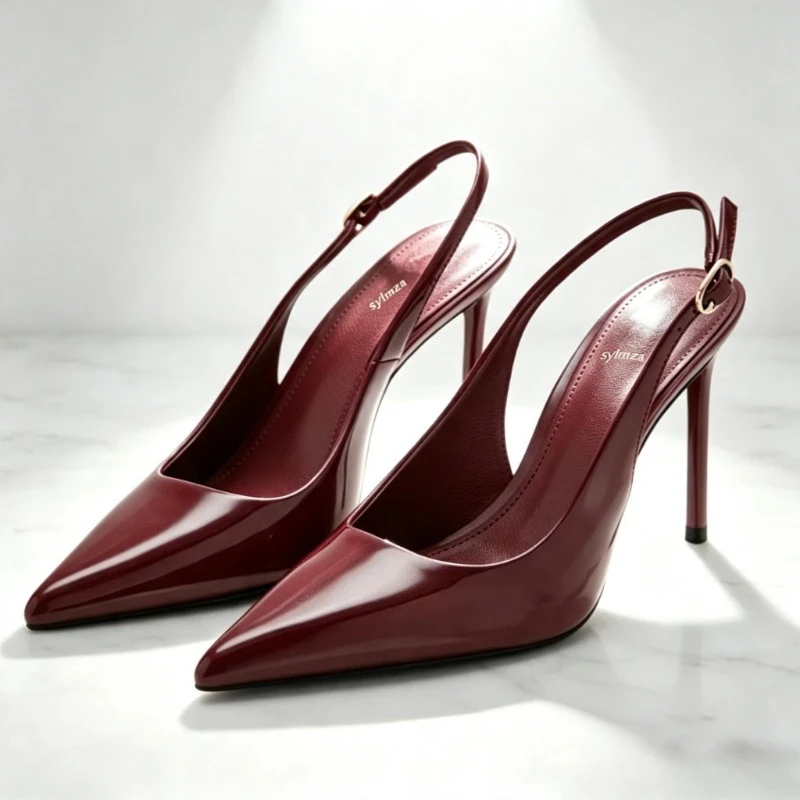 Burgundy Patent Leather Slingback Heels Women Fashion Shallow Pointed-Toe Stiletto Sandals Elegant Evening Brand Designer Shoes