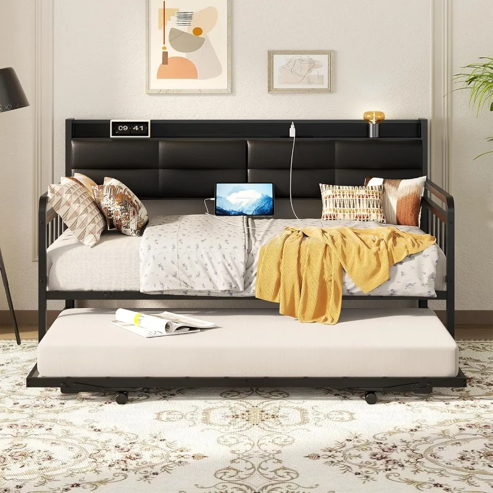 Daybed with Upholstered Headboard and Charging Station, Twin Day Bed with Trundle, Sturdy Metal Pop-up Trundle Bed