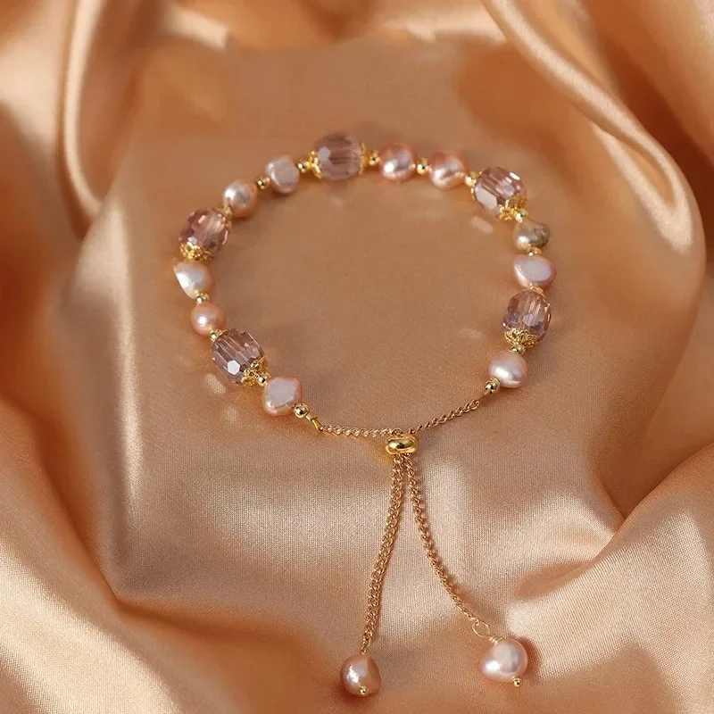 Elegant pink imitation pearl bracelet, exquisite purple crystal beads adjustable bracelet, women's wristband accessories