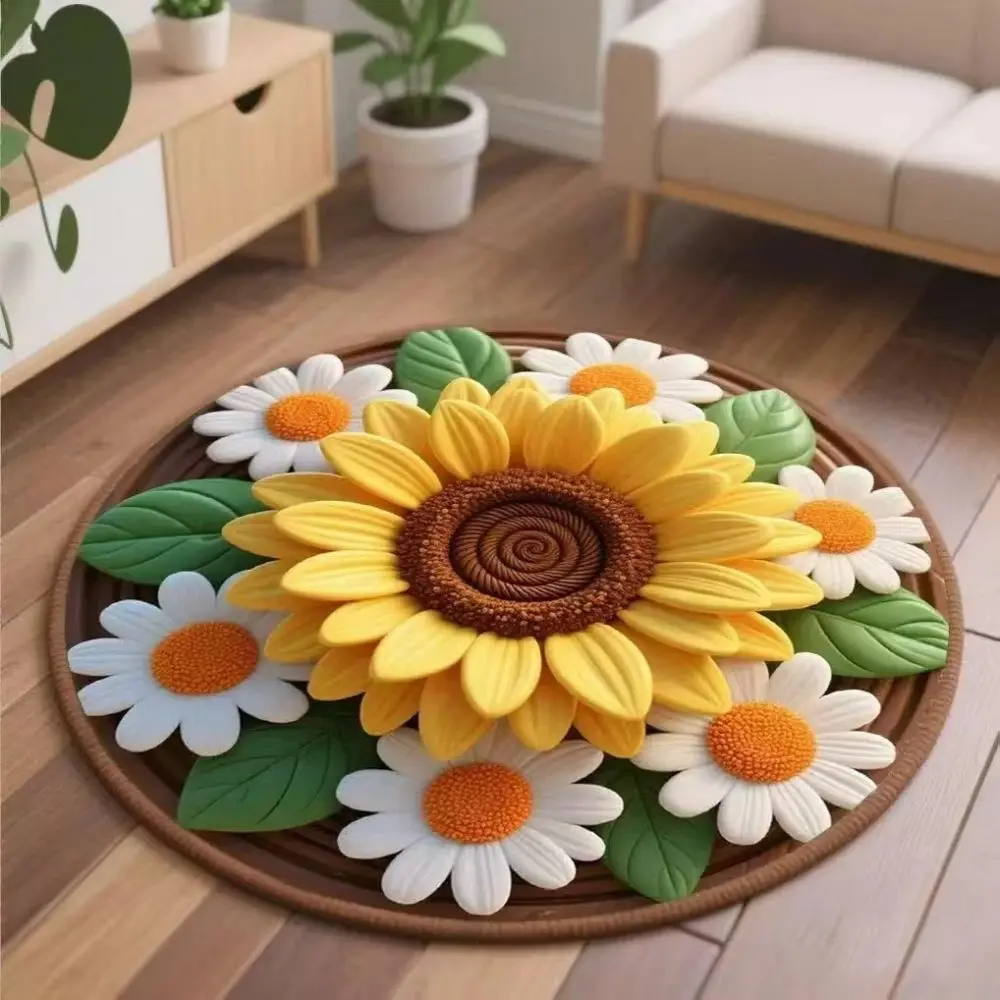 VIKAMA 3D Visual Sunflower Carpet Round Non-slip Mat Bedroom Bedside Hallway Living Room Decor