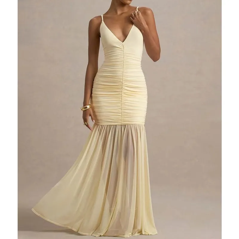 Spaghetti Strap Backless Sexy Maxi Dress Women Gown Fashion Patchwork Off-shoulder V Neck Ruched Pleated Party Dress