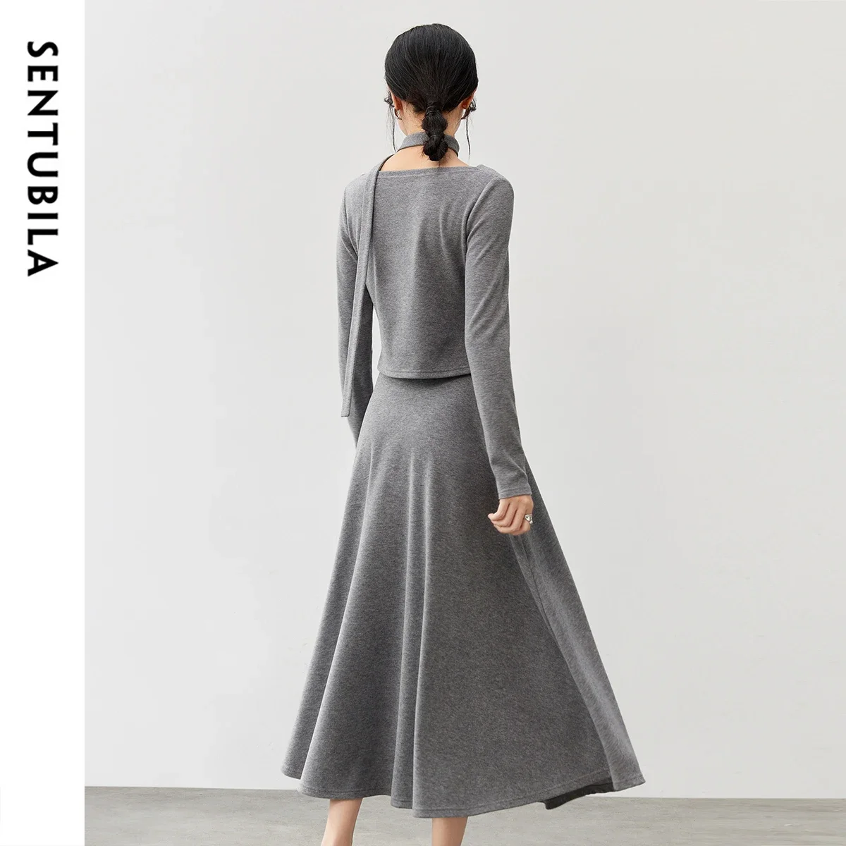 SENTUBILA Women Knitted Skirt Set 2024 Autumn Vacation Outfits Grey Knit Tops Elastic Waist Long Skirts 2 Piece Sets 143Z57031