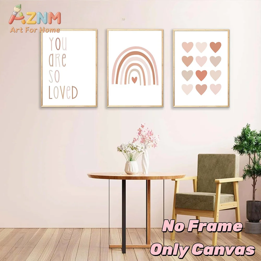 AZNM 3PCS Cartoon Heart Rainbow Pink Wall Art Posters Canvas Painting Nursery Print Pictures Nordic Wall Paintings Baby Girls