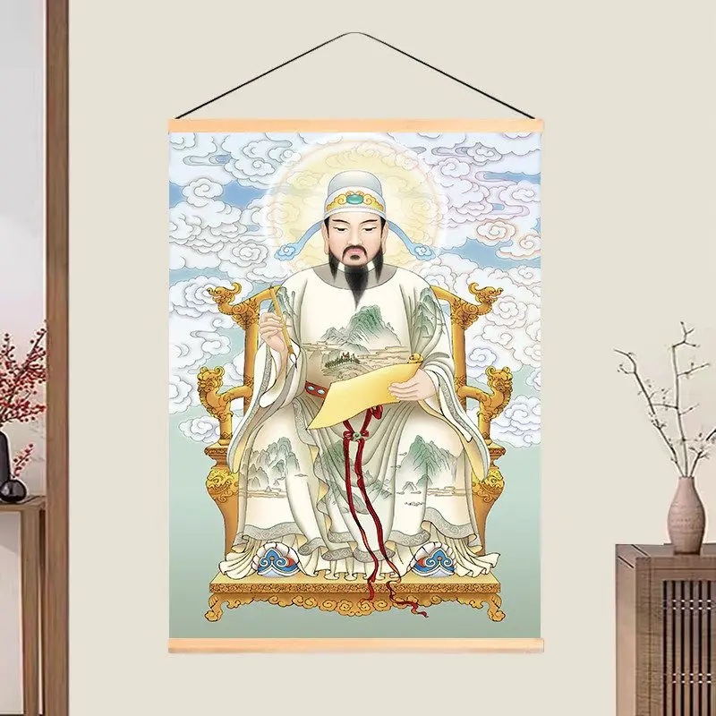 VIKAMA Traditional Chinese Wenchang God Wall Hanging Tapestry Wooden Hanger Oriental Fortune Culture Home Living Room Wall Decor