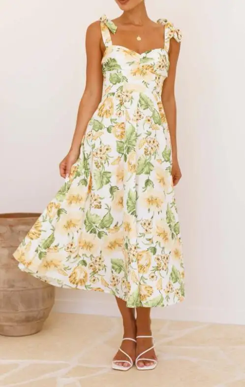 

Summer Vacation Dress Lace Up V-Neck Floral Print Lace Up Backless Urban Dress A-Line Slim Fit Waist Sleeveless Suspender Dress