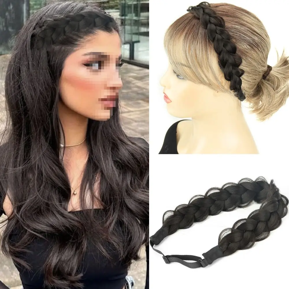 

Adjustable Braided Hair Headband Golden/Brown/Black Non-slip Synthetic Hair Bun Extensions Elastic Reusable Handmade Hair Band