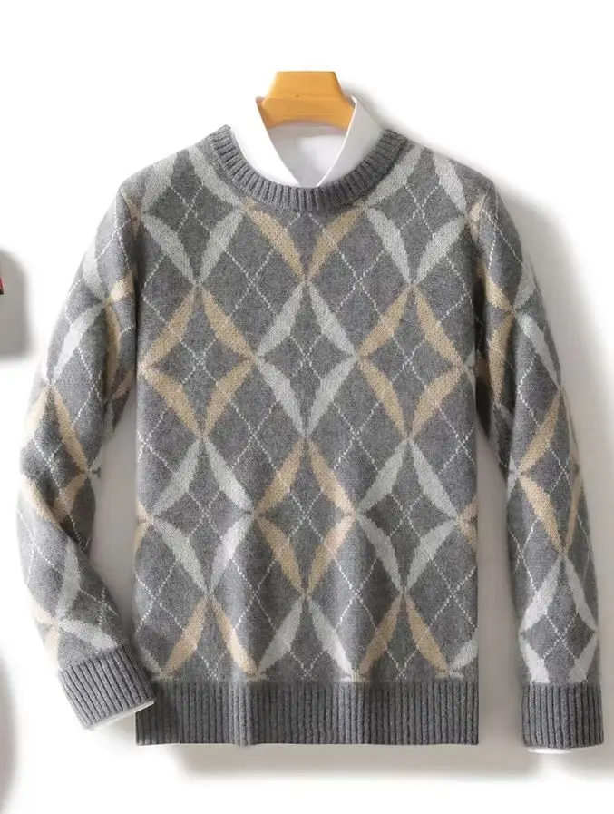 Color matching thick 100% pure cashmere sweater men's round neck jacquard sweater loose business casual knitting bottoming