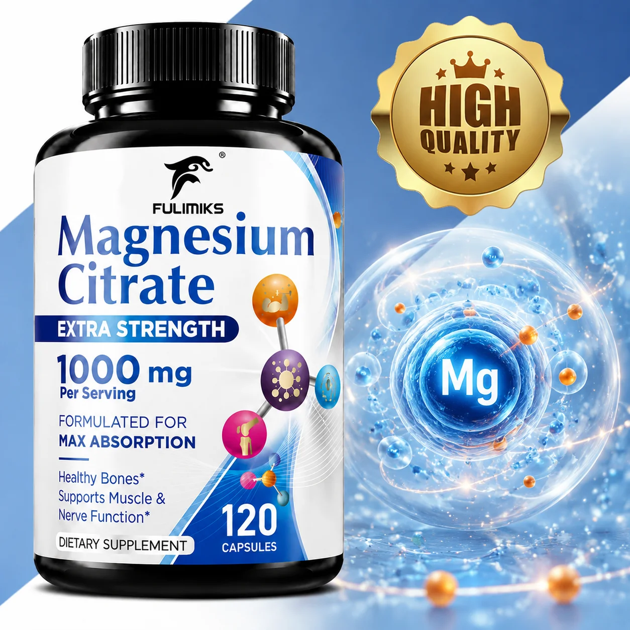 Magnesium Citrate Supplement, 1000mg, Optimal Absorption, Supports Heart, Muscle & Nerve Function, Bone Health, Stress Relief