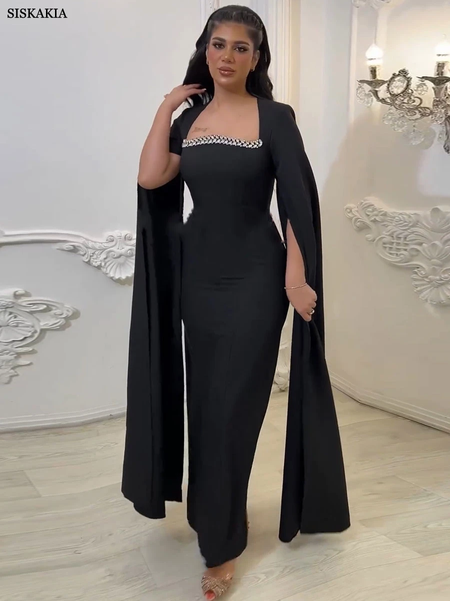 Siskakia Dubai Turkish Solid Luxury Diamonds Women Gown Arab African Abayas Super Long Sleeve Evening Party Dress Saudi Clothing