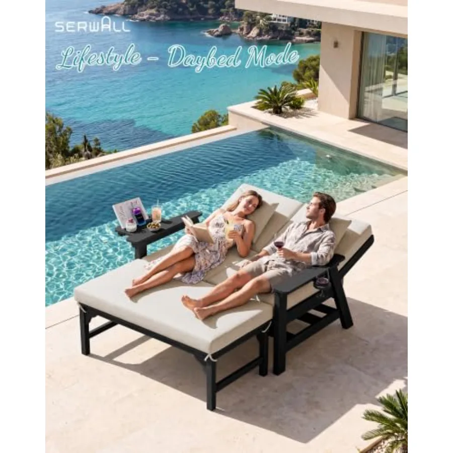 2-in-1 HDPE outdoor sofa daybed set with cushions and ottoman table, weather-resistant gray finish, UV-stabilized for long-last