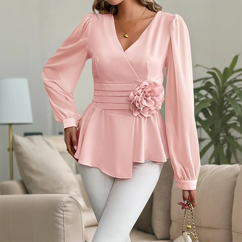

2025 High-End Elegant Work Clothing Waist V Neck Stereo Floral Shirt Top for Women Pink Elegant Dinner Fashion Outfit