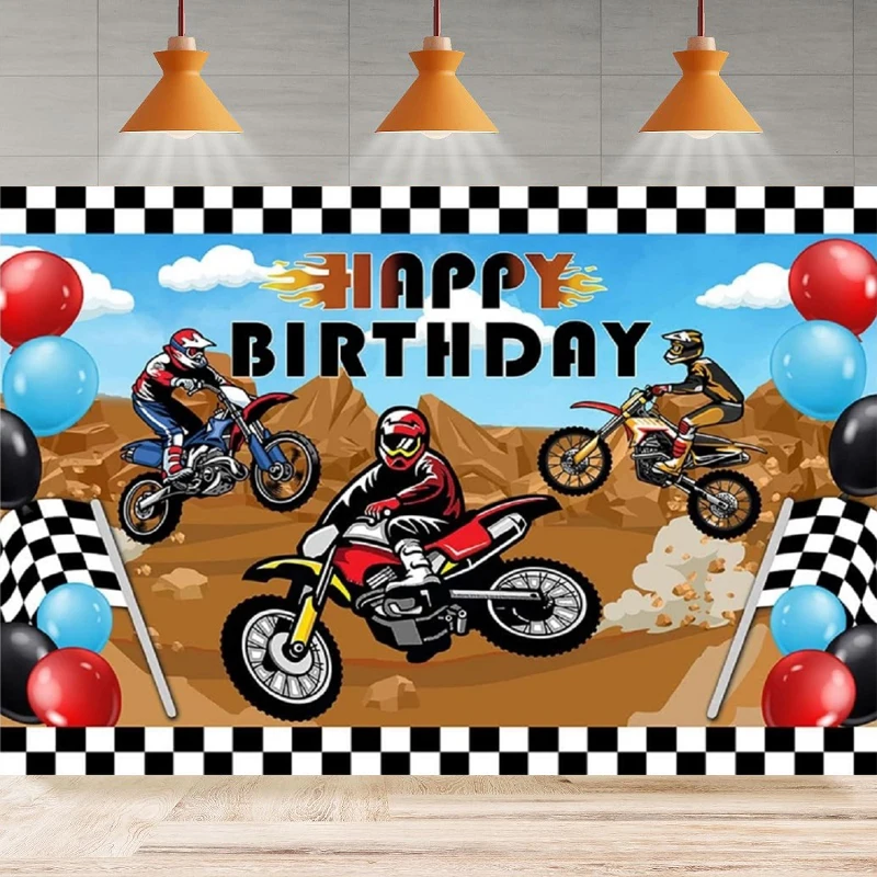 

Photography Backdrop Boy Motocross Racing Dirt Bike Happy Birthday Extreme Sports Home Party Backdrop Wall Banner Decor Poster