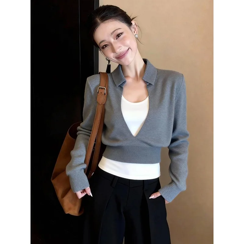American Fashion High Sense Exquisite Good-looking Fake Two-piece Top Women's 2026 Spring New Slim and Thin Wear Trendy