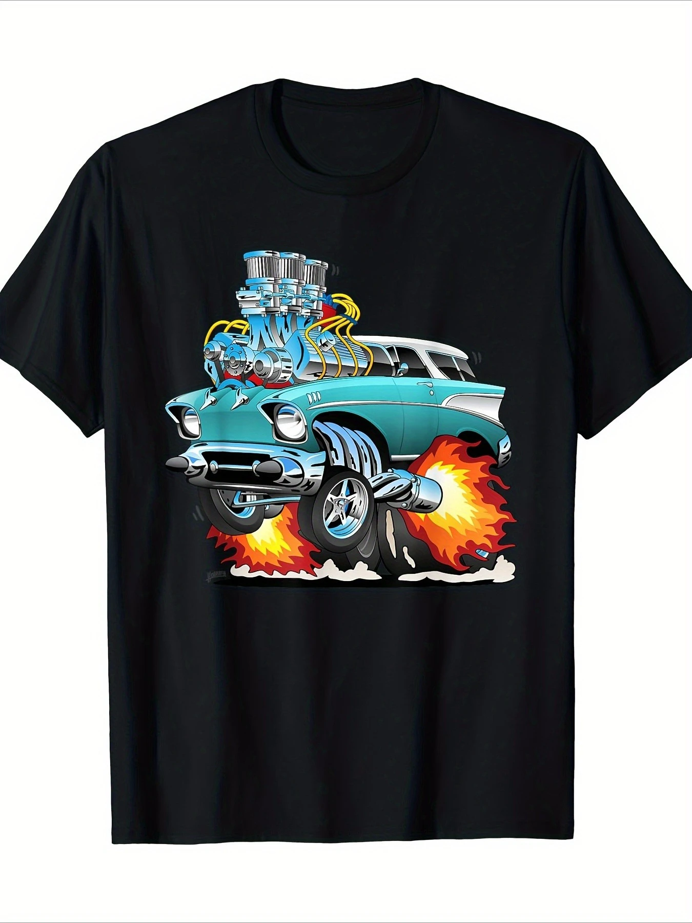Interesting 50' s style muscle car hot stick station wagon cartoon T-shirt, 100% cotton O-neck short sleeve men's T-shirt.