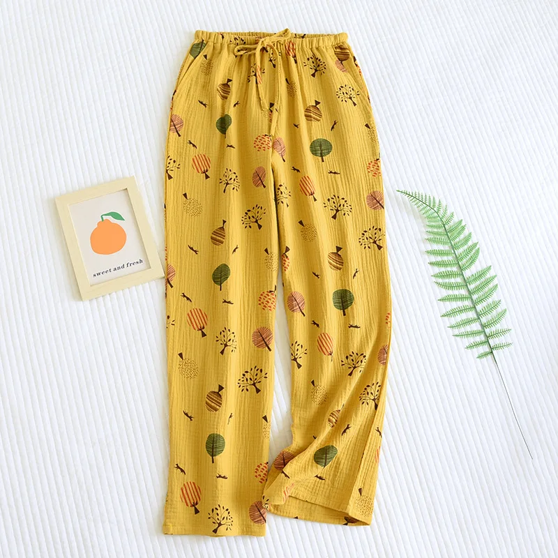 Pantalones de pijama de algodón crepé para mujer, ropa de dormir de gasa de doble capa, ropa de casa, primavera y otoño