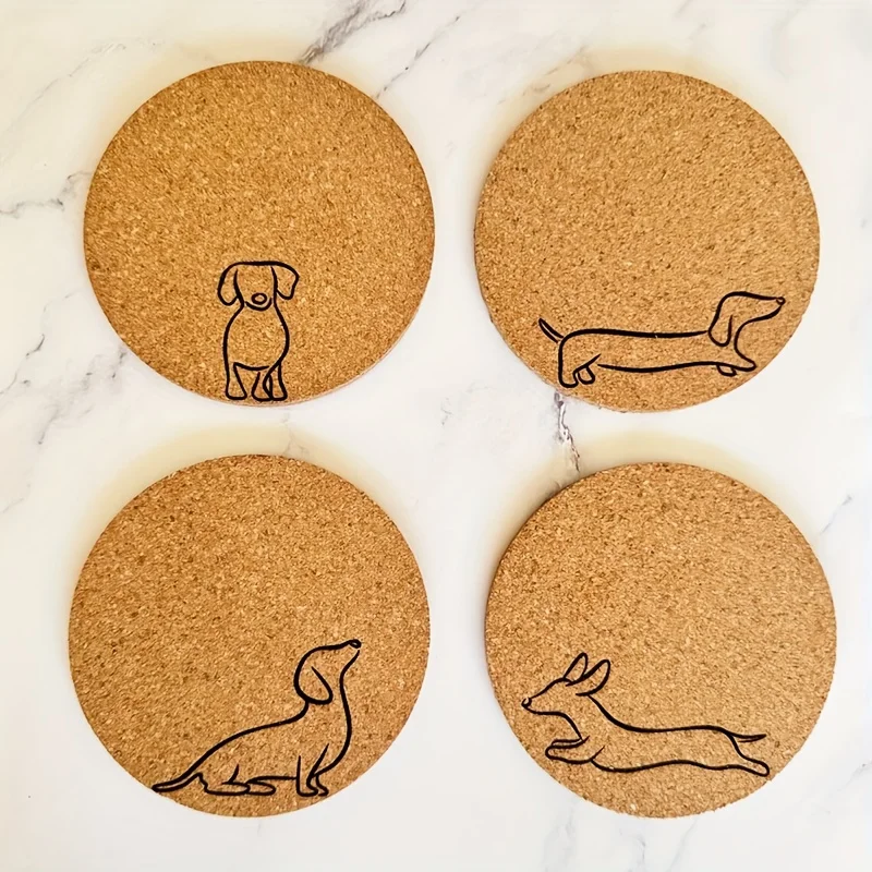 

4pcs Creative Wooden Coasters, Rustic Style Restaurant and Cafe Decor Mats, Engraved Cute Dachshund Design for Dog Lovers
