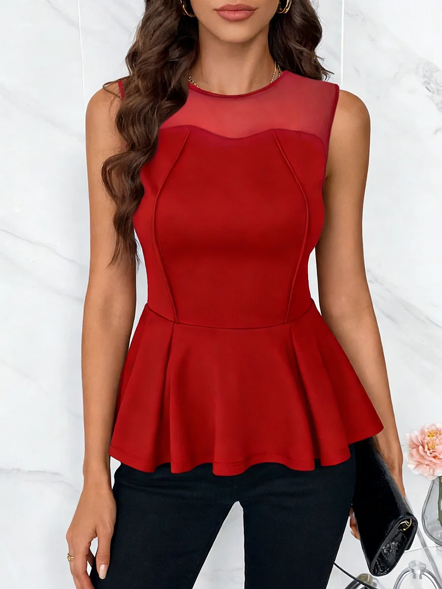 Womens Fashion Tank Top Spring Summer Red Mesh Yoke Sleeveless Peplum Hem Valentine's Day Stylish Elegant Sexy Casual Office Top