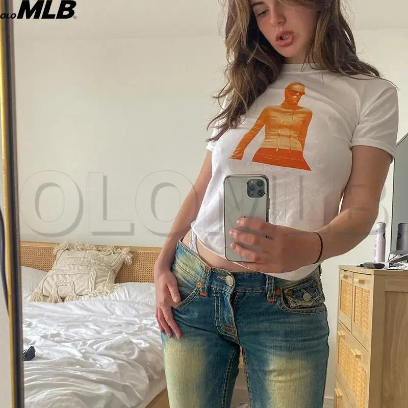 Mùa Hè Năm 2022 Grunge Slim Y2k Top Vintage Bông Tai Kẹp Đồ Họa Cho Bé Tee Emo Dễ Thương Chân Dung Đồ Họa Nữ Crop Top tay Áo Kawaii