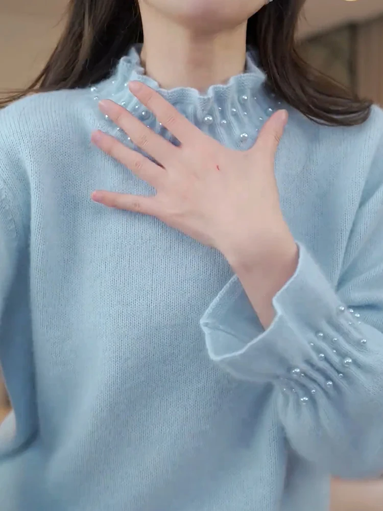 

Korean Sle Soft Knitted irt Pleated Chic White Enhancing Spring 2025 Large Size Faionable Ele Long Sve Camere Top