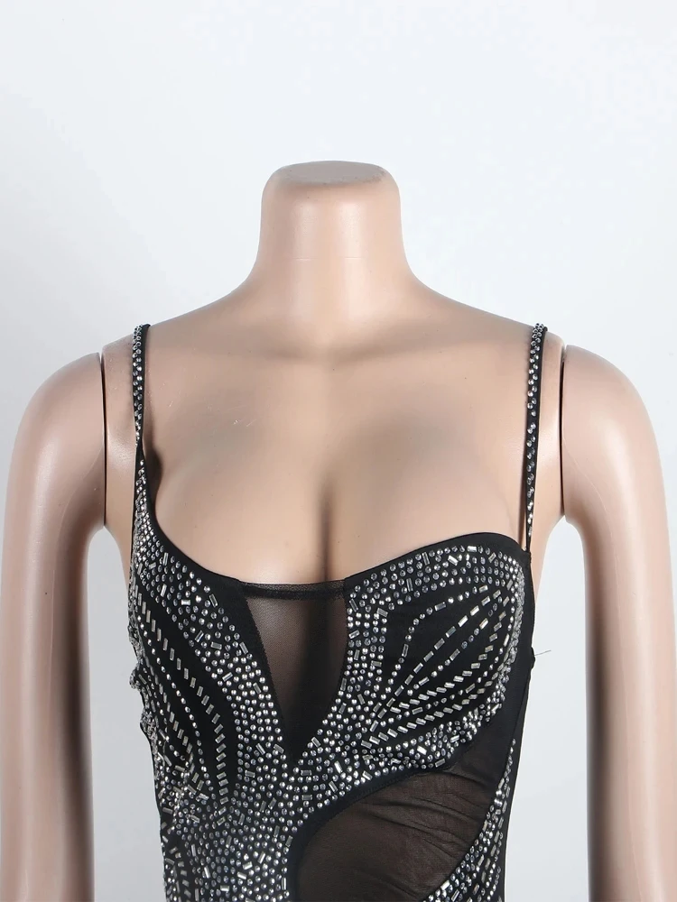 Beyprern splendido abito di cristallo per donna Glam senza maniche con spacco alto con strass Maxi abito abiti da compleanno Sexy Clubwear