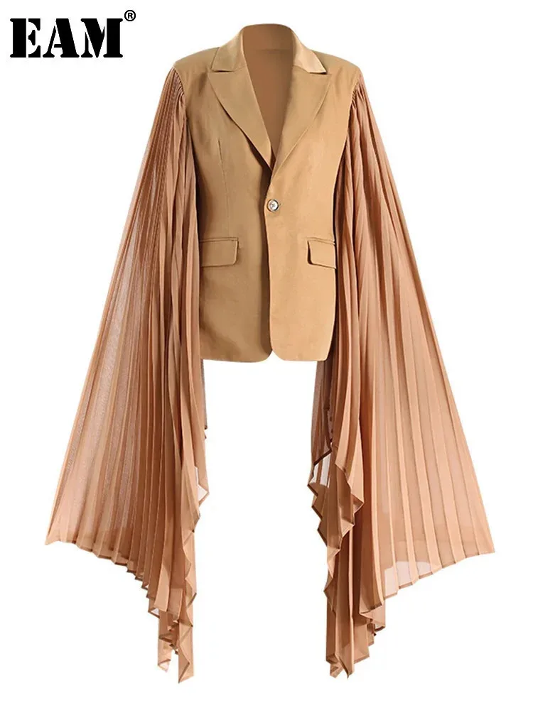 [EAM] Women Khaki Pleated Irregular Elegant Blazer New Lapel Long Ruffles Sleeve Jacket Fashion Tide Spring Autumn 2025 1DH6395