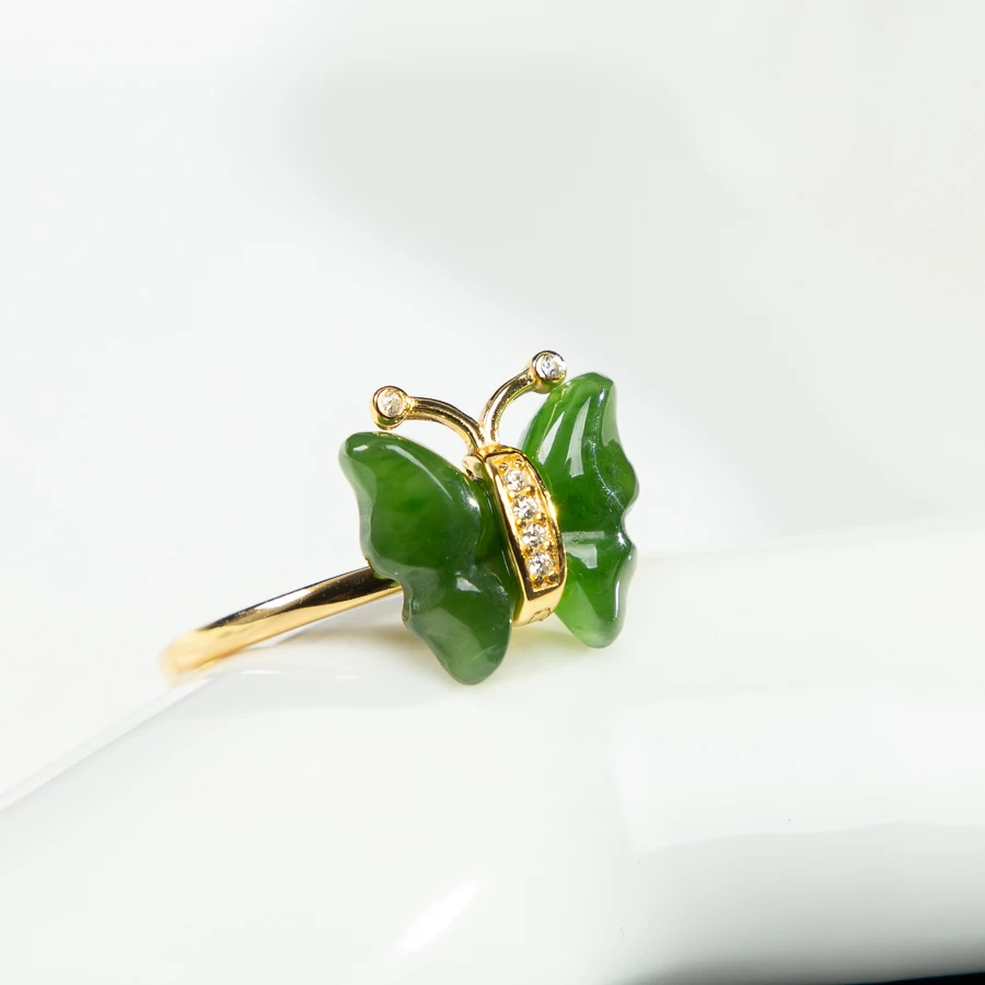 

TIMESWIND Natural Hetian Jade Deep Green Butterfly Three-d Women S925 Open Ring with Certificate