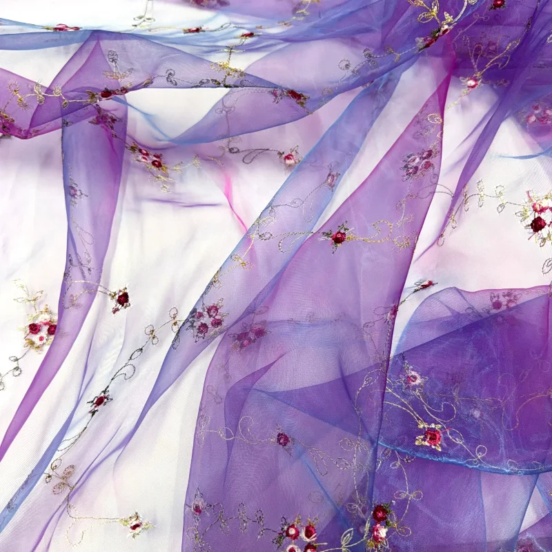 Purple Semi Sheer Iridescent Color Changing Floral Vine Embroidery Organza Fabric Shirt Dress DIY Sewing Garment Craft Material