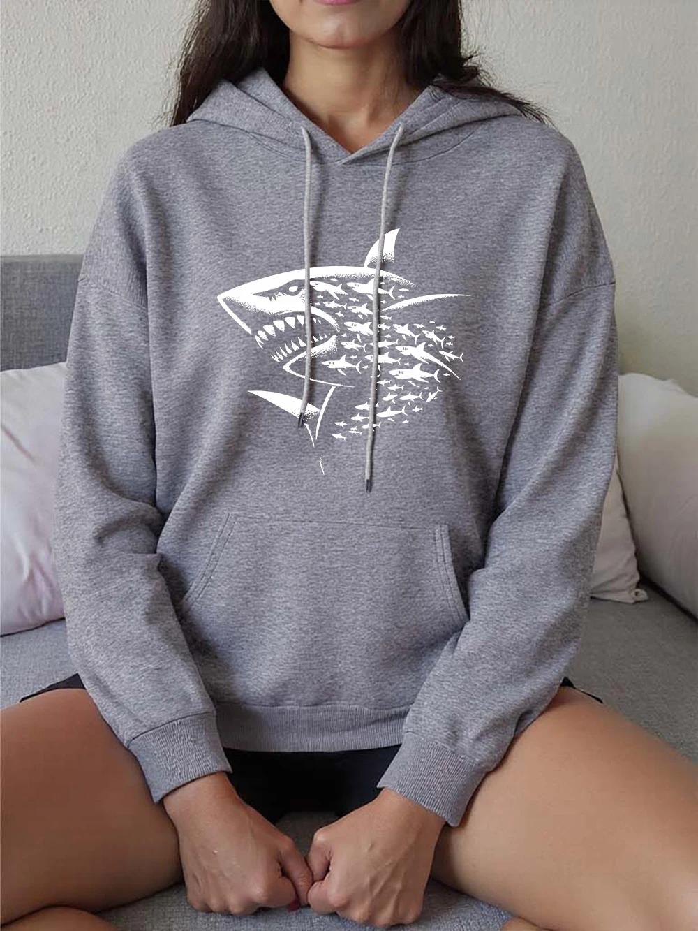 Um shoal de tubarões impressão hoodies das mulheres inverno velo moletom moda bolso pulôver casual confortável roupas femininas