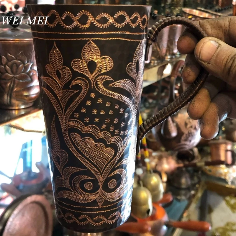 Unique Pattern Random Vintage Copper Mug,Breakfast Cup,Handcrafted Carving Flower Texture Art Friend Gift Coffee Mug Tableware