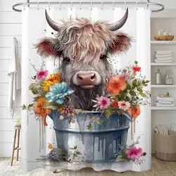 Highland Cow Shower Curtain Farm Animals Cattle Portrait Watercolor Flowers Plant Bathroom Decor Fabric Bath Curtains with Hooks
