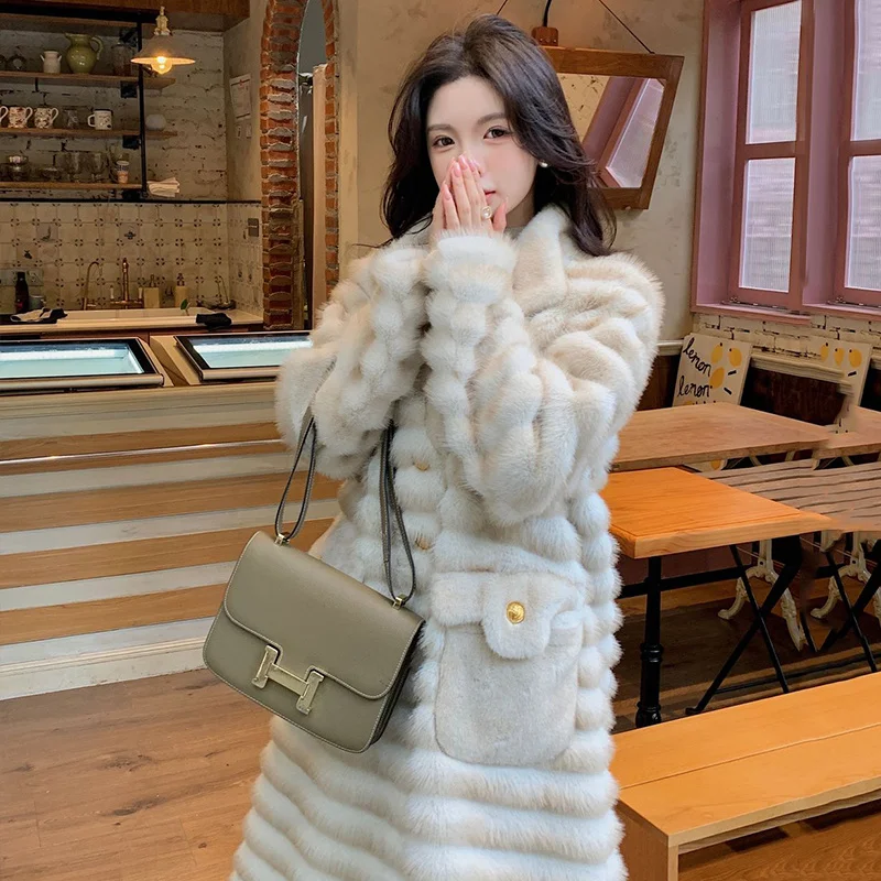 Mode namaakbont jas voor dames jas met lange mouwen dikke warme vrouwelijke bovenkleding chique tops vrouw winterjassen faux nertsen bontjas