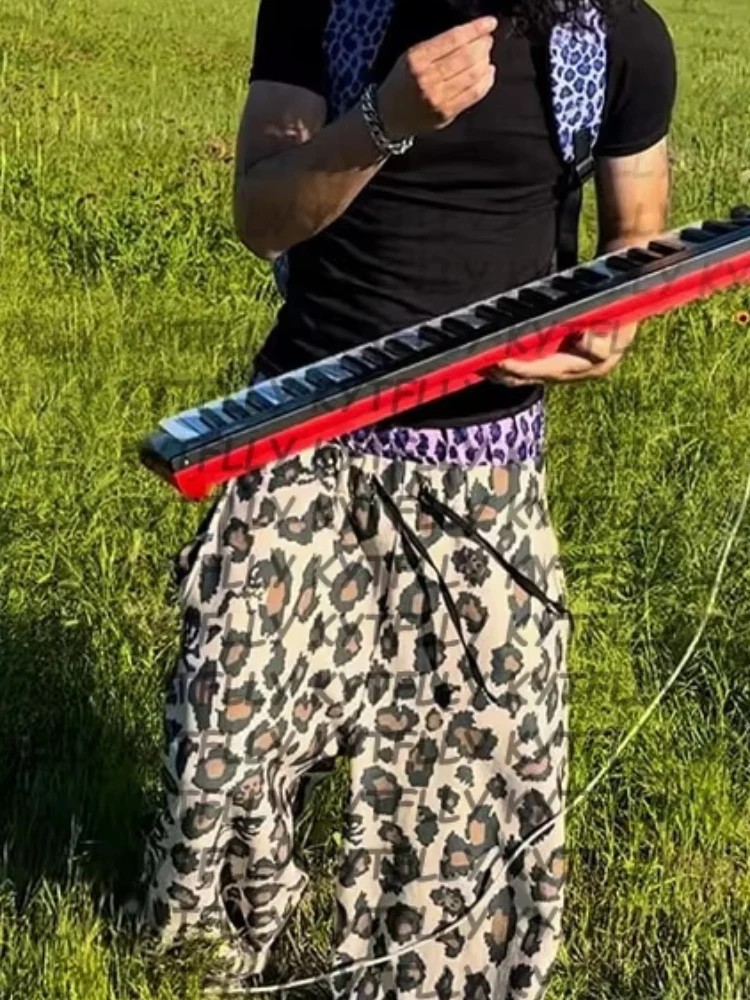 Y2k aesthetic personality casual leopard print skull letter Gothic casual pants leopard print wide leg straight leg double waist