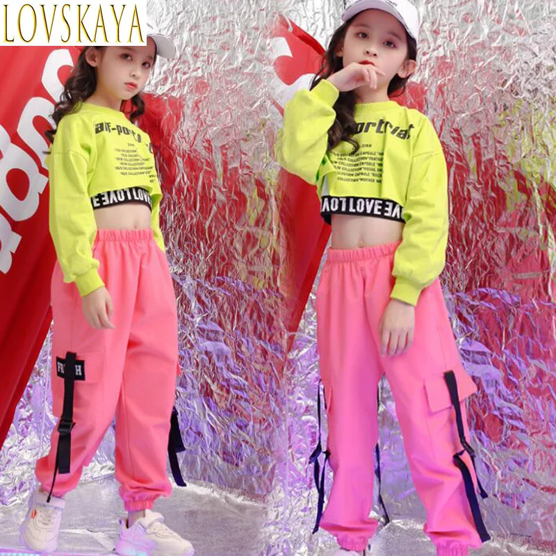 Children Hip Hop Clothing Green Sweatshirt Top Crop Casual Pants Girl Kids Jazz Dance Wear Costume Ballroom Dancing Clothes