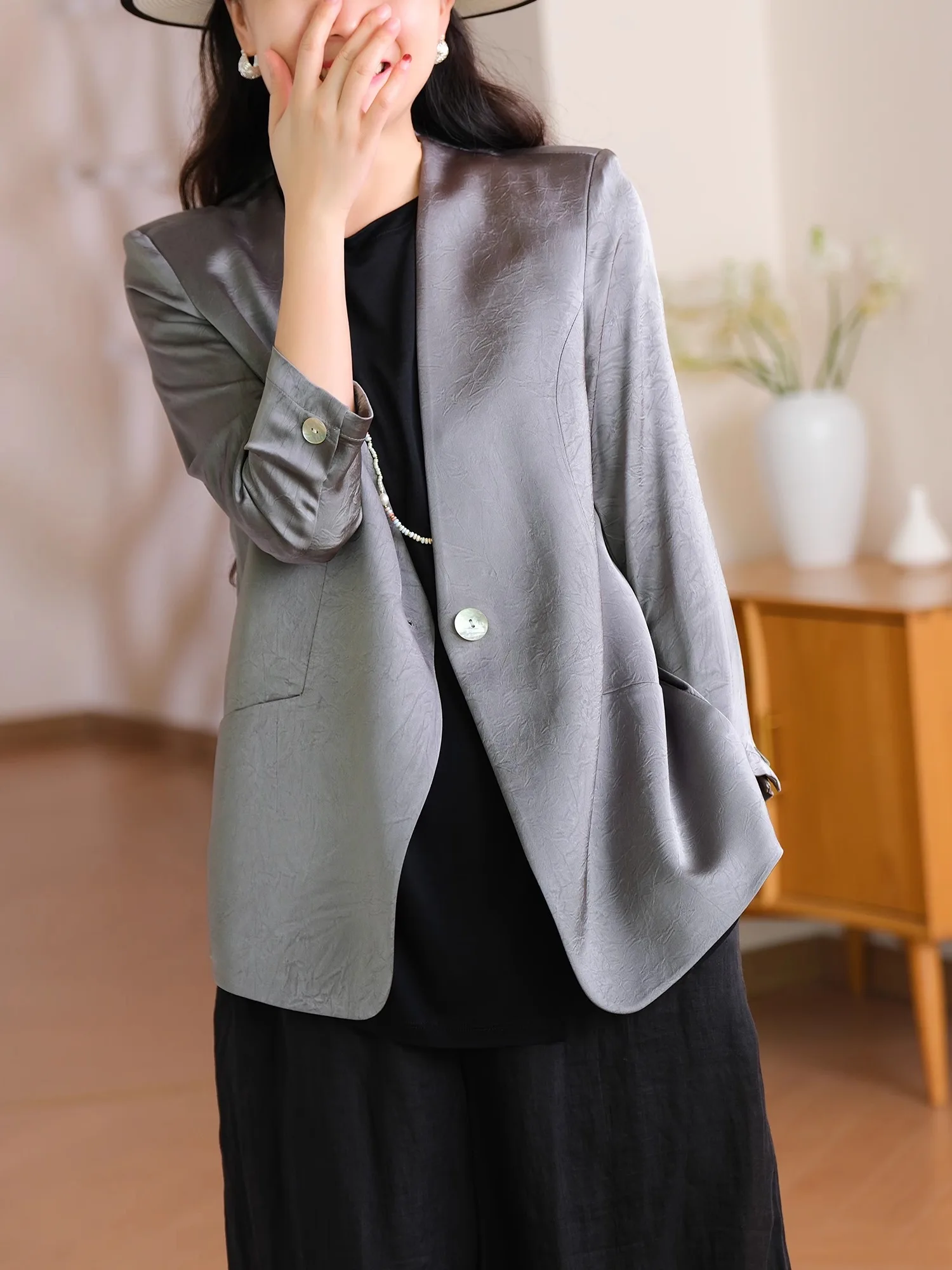 

Ele Long Sve One Button Texture Design Acetate Polyester Blend Commute Sle Women's Jaet by Little Ear Production