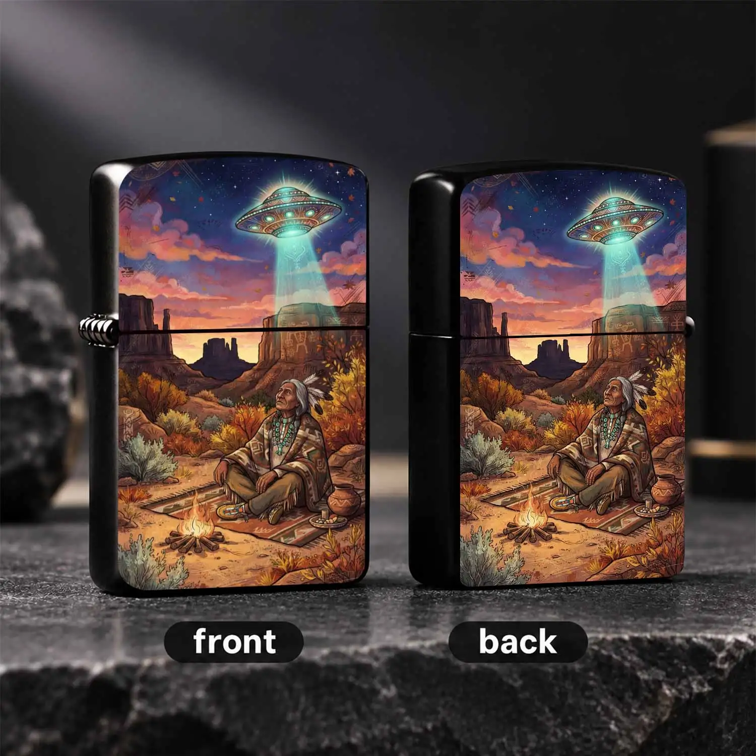 Stylish Desert Elder Ufo Art Pattern Lighter, Aesthetic Retro Southwest Vibe Portable Accessory, Multi-Scene Use For Outdoor Camping Home Decor, Unique Fun Gift For Art And Culture Enthusiasts, Exquisite Printed Whimsic A Humorous And Inter