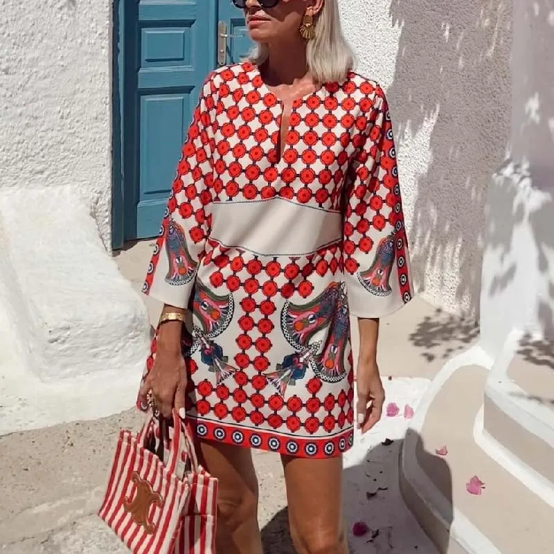 Minivestido étnico holgado con estampado para mujer, bohemio, elegante, de manga larga, con cuello en V, fluido, bohemio, para playa