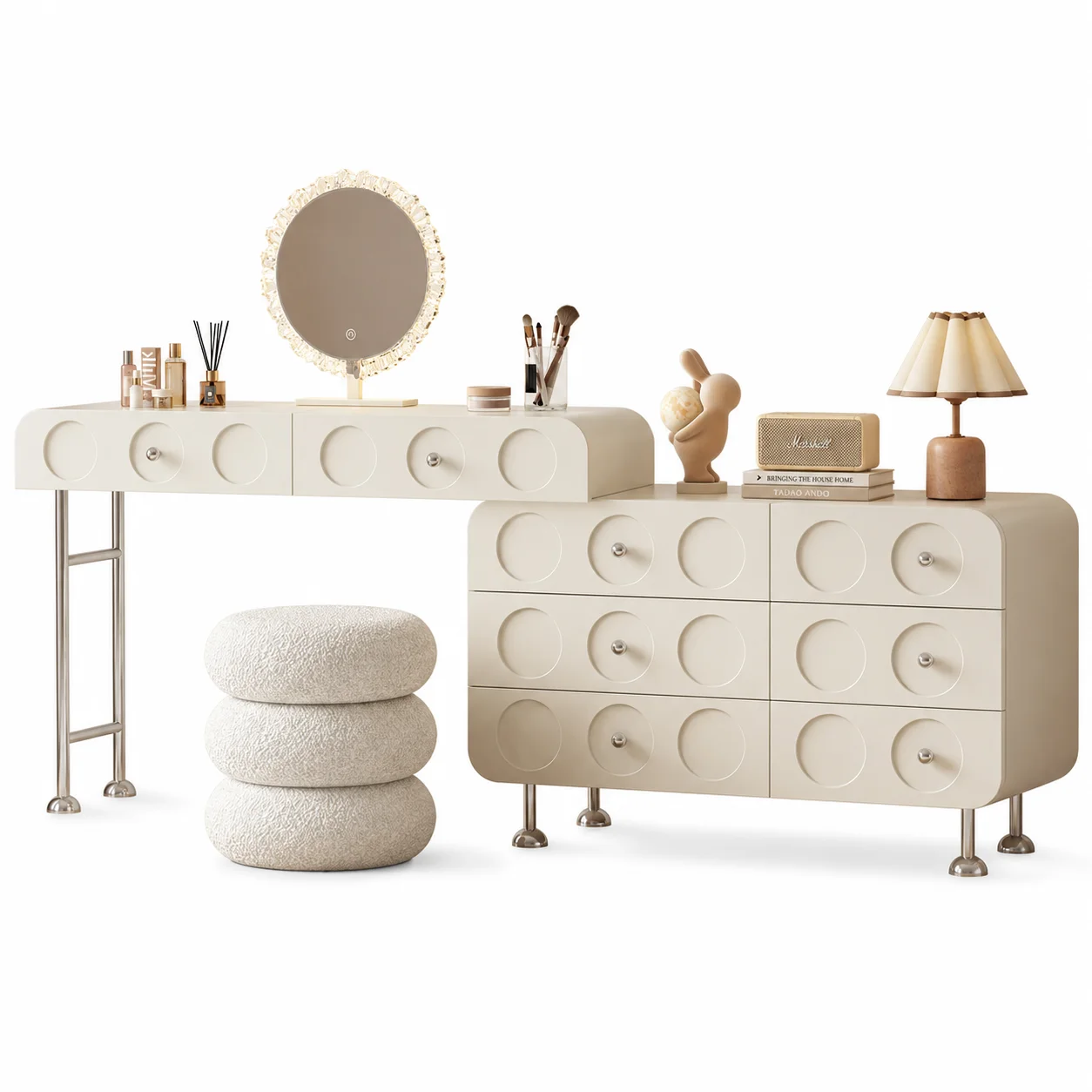 #Wholesale Modern Dressing Table Set With LED Touch Mirror Drawers Stool For Bedroom