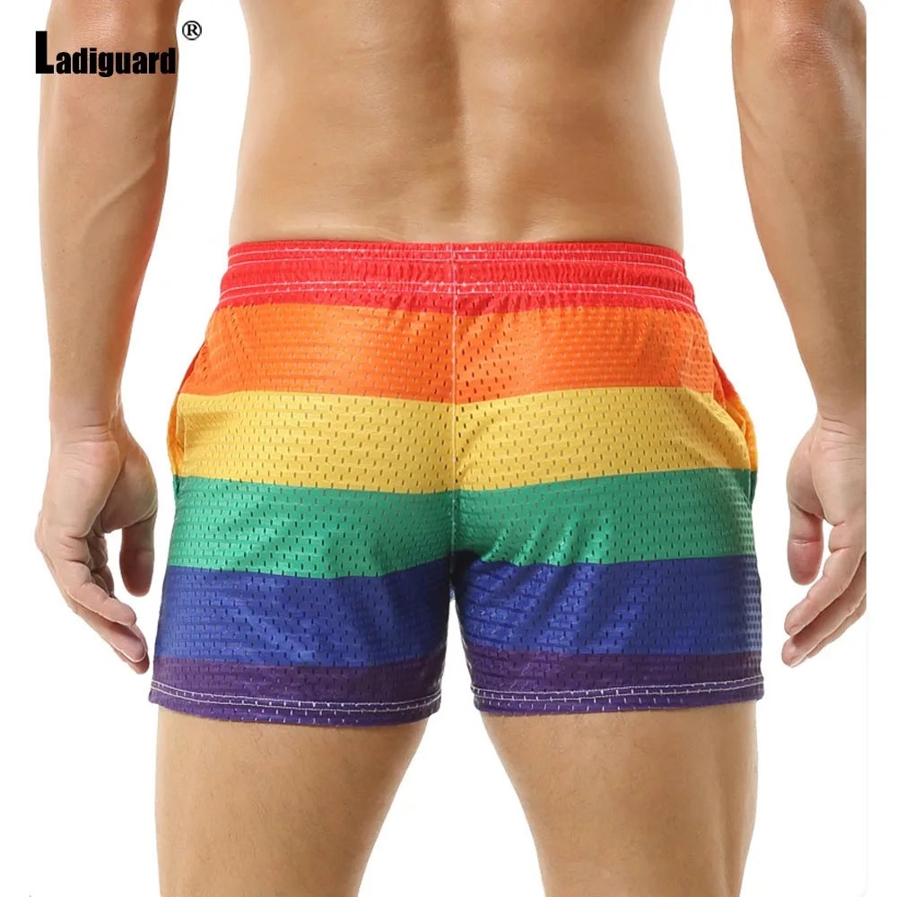 2025 New Summer Mesh Casual Running Shorts Men's Rainbow Stripes Board Shorts Men Stand Pocket Sexy Fitness Beach Short Pants