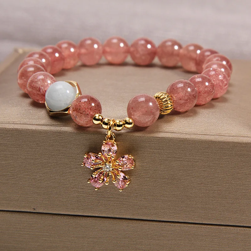 

Strawberry Quartz Bracelet for Women Korean Style Flower Beaded Bracelet Bestie Sister Gifts