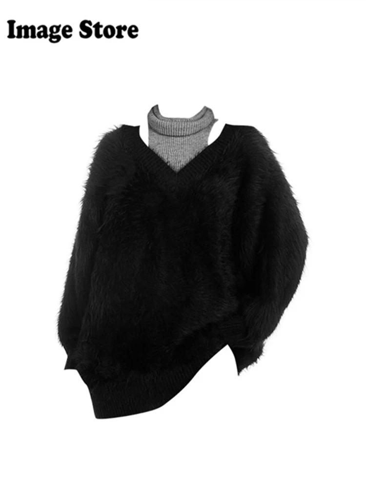 Winter Women Long Sleeve Fake Two Pieces Cute Core Mohair Sweater Knitwear Girl Shoujo Jumper 2000S Aesthetic Korean Fashion Ne