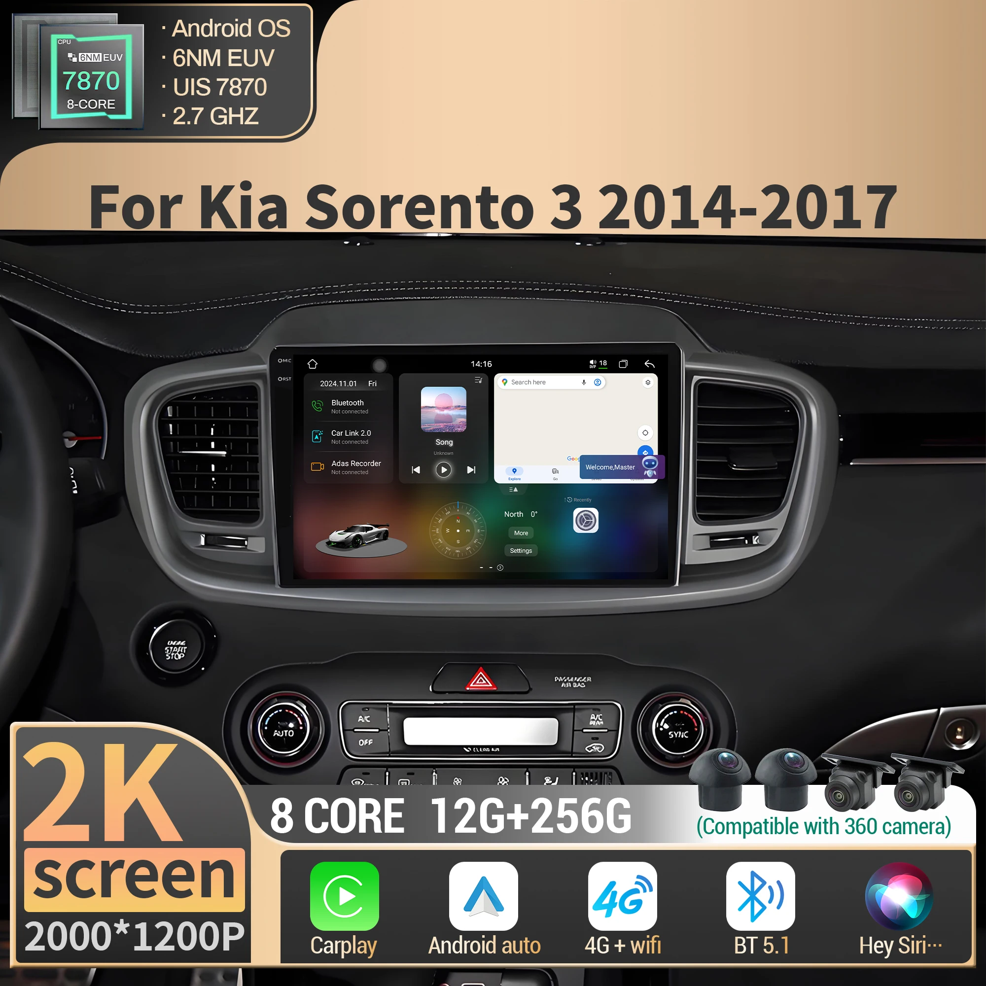 

For Kia Sorento 3 2014-2017 Car Radio Wireless BT CarPlay Android 4G GPS Navigation Multimedia CPU 7870 2K QLED Screen Stereo