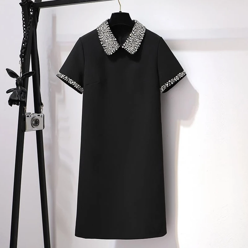 Rhinestones Bead Polo Collar Vintage Black White Dress 2024 Summer Short Sleeve Elegant Birthday Party Dresses Ladies Robes