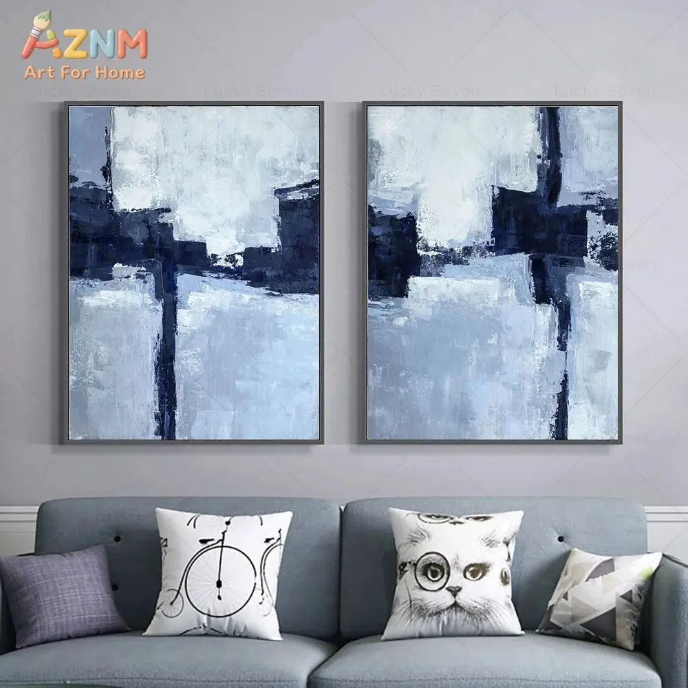 AZNM Modern Abstract Blue White Brush Stroke Wall Art Canvas Print Unframed Minimalist Geometric Texture Oil Painting For Living