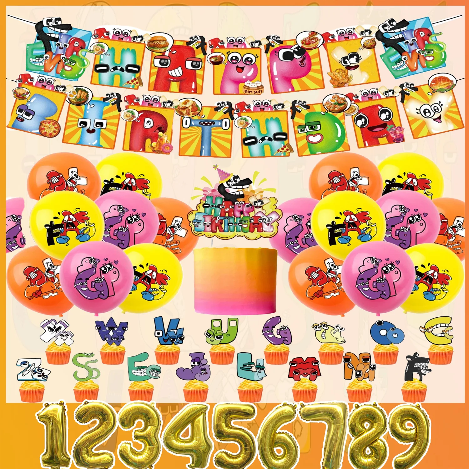 Niedliche Alphabet Lore Themen-Geburtstagsparty-Dekorationen Cartoon-Buchstaben-Banner Luftballons Tortendekoration Hintergründe Kinder-Jungen-Party-Dekoration