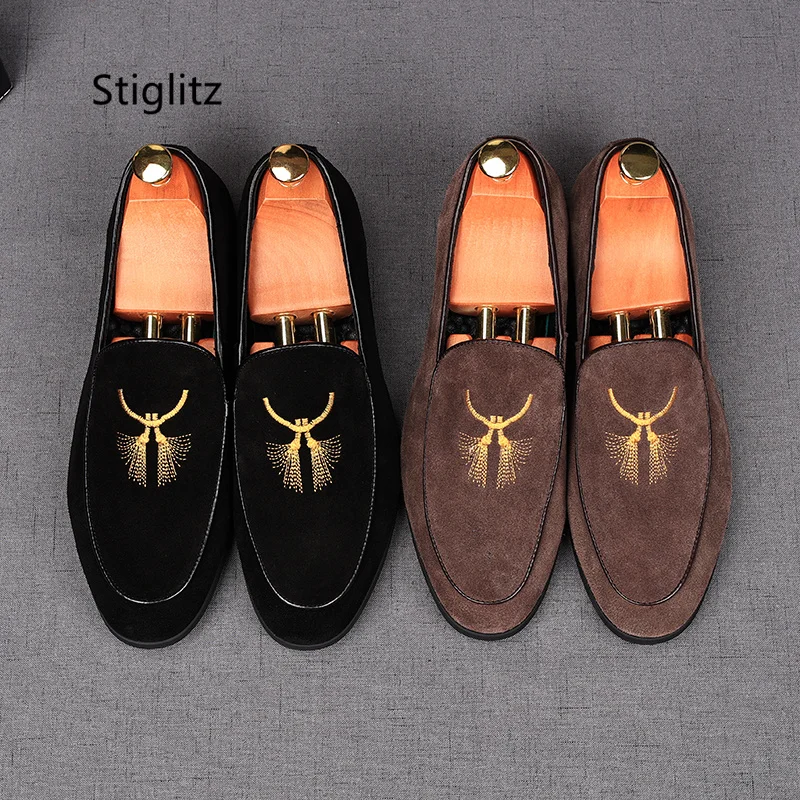 Suede Embroidery Loafers for Men Flats Casual Business Shoes Breathable Daily Driving Social Shoe Male All Match Men's Shoes