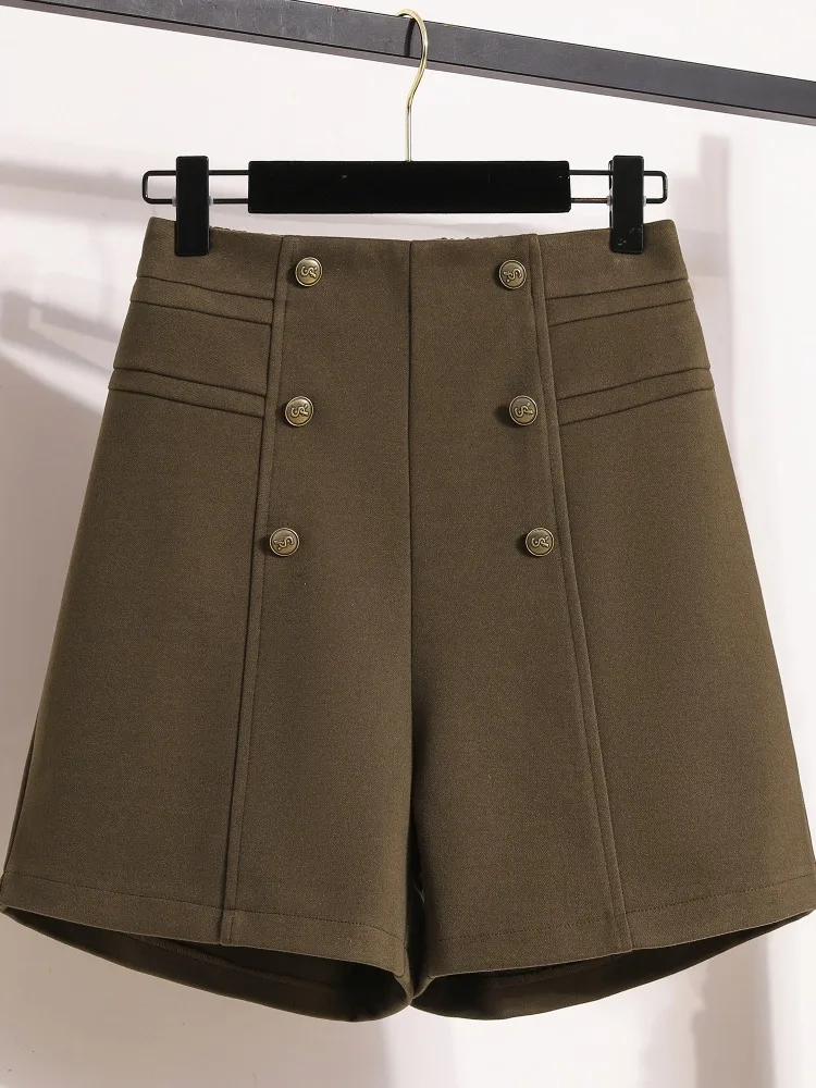

High Waist Wide Leg Woolen Shorts for Women Spring Outfit Design Slimming Double Button A-Line Boot Pants