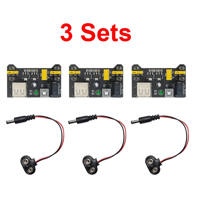 3 Sets 3.3V 5V MB102 Solderless Breadboard Power Supply Module with 9V Battery Clip Power Cable 2.1x 5.5mm Male DC Jack Plug